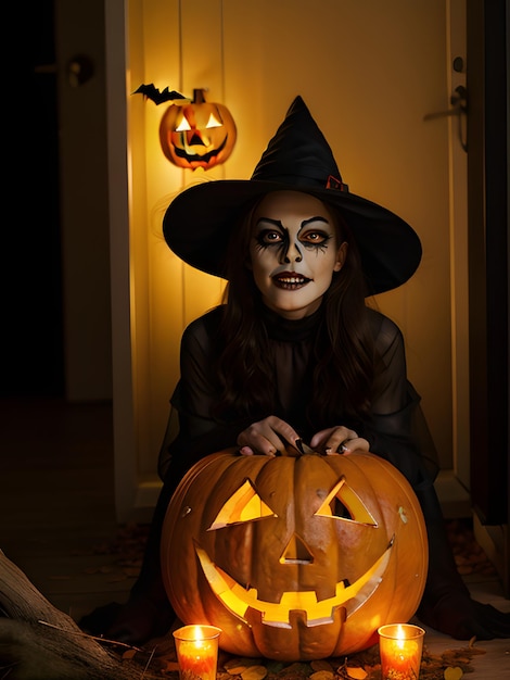 een vrouw in een heksenkostuum op halloween-feest