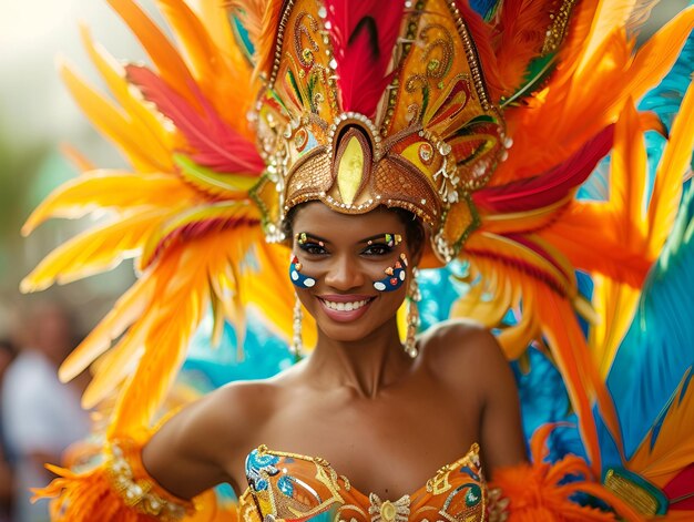 Een vrouw in een helder carnavalskostume en hoofdstuk in een parade