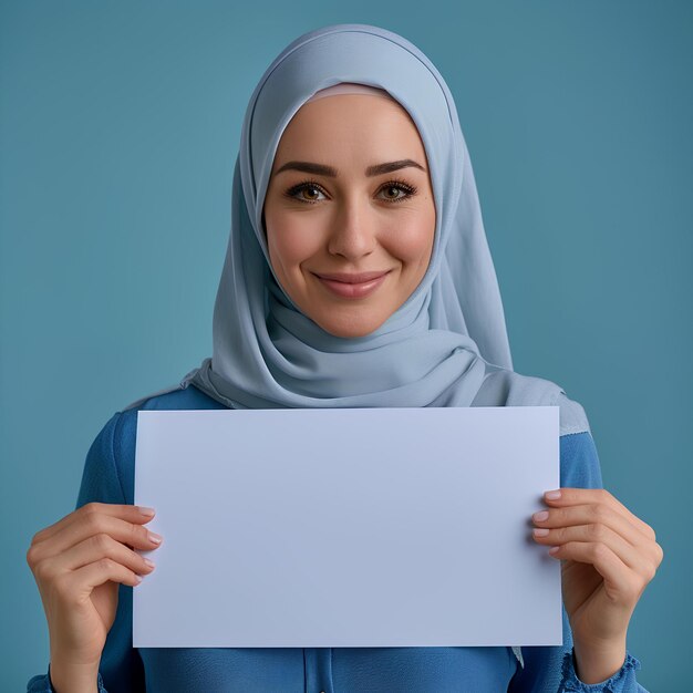 Een vrouw in een hijab die een wit papier vasthoudt