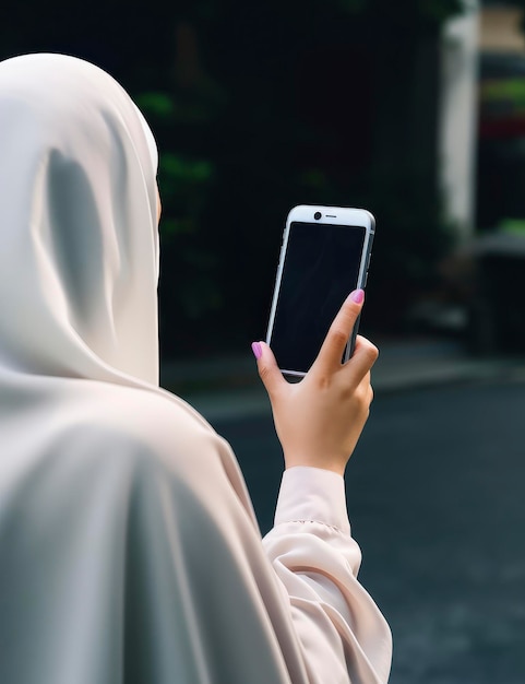 Een vrouw in een hijab houdt een telefoon vast met een leeg scherm