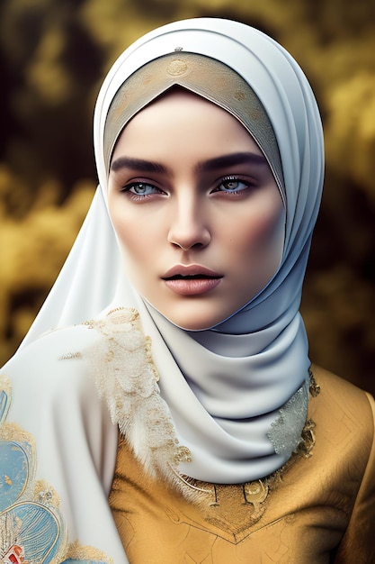 Een vrouw in een hijab met blauwe ogen