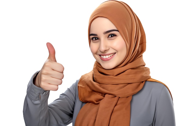 Een vrouw in een hijab met een duim omhoog