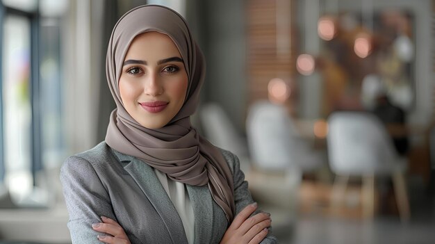 Een vrouw in een hijab poseert voor een foto in een kamer met stoelen en een tafel een stockfoto