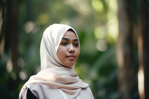 Een vrouw in een hijab staat in een bos
