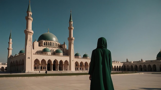 Een vrouw in een hijab staat voor een moskee groen