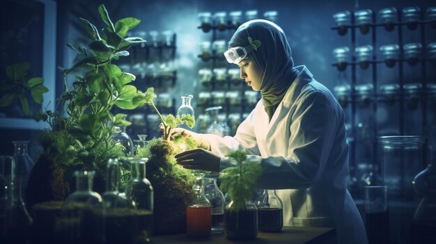 Een vrouw in een hijab werkt in een laboratorium met planten.