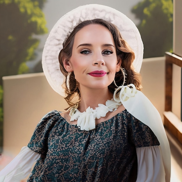 Een vrouw in een hoed en een jurk met een roze lippenstift op haar gezicht.