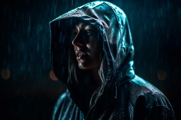 Een vrouw in een hoodie staat in de regen.