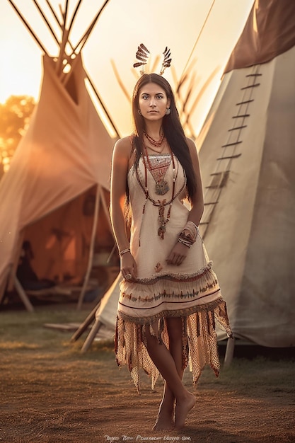 Foto een vrouw in een indiaanse jurk staat voor een tipi.