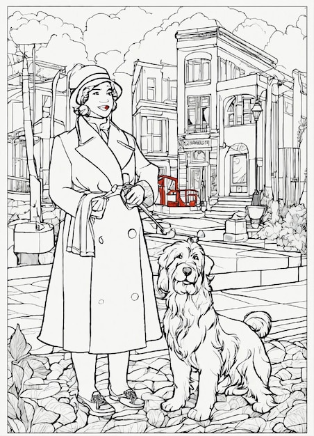 een vrouw in een jas met een hond voor een huis