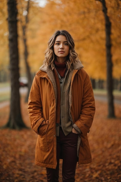 een vrouw in een jas met een lange mouwen jas en bruine broek staat in een herfstbos.