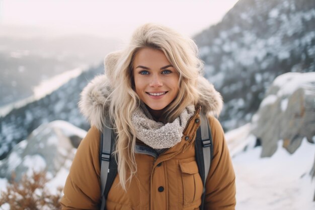 Foto een vrouw in een jas met een rugzak