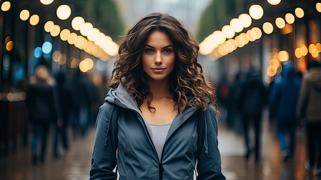 een vrouw in een jasje loopt door de straat met een bord waarop staat "."