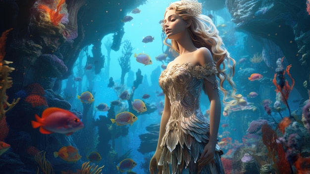 Een vrouw in een jurk die voor een betoverend aquarium staat
