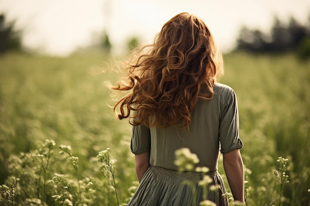 een vrouw in een jurk in een veld met bloemen