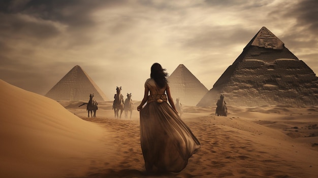 Een vrouw in een jurk loopt voor piramides.