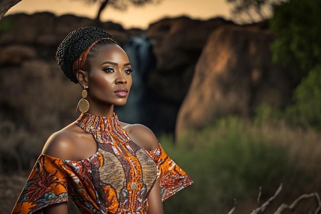 Een vrouw in een jurk met Afrikaanse print staat voor een waterval