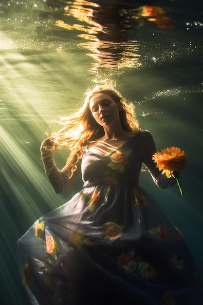 Een vrouw in een jurk met bloemen onder water
