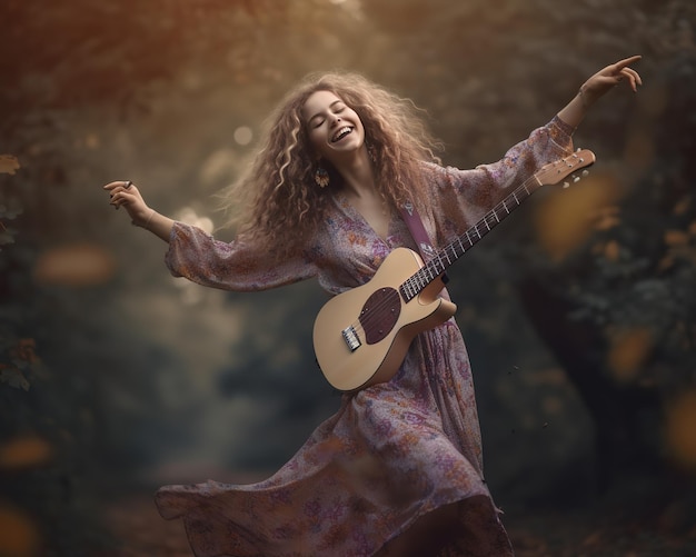 Een vrouw in een jurk met een gitaar in haar handen danst in het bos.