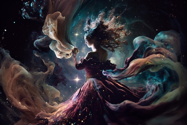 Een vrouw in een jurk met een patroon van sterren en de woorden 'magie' erop