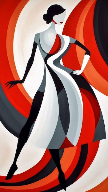 Een vrouw in een jurk met een rode cirkel op de achtergrond.