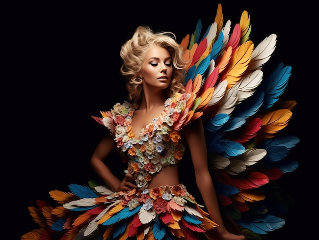 Een vrouw in een jurk met kleurrijke veren erop
