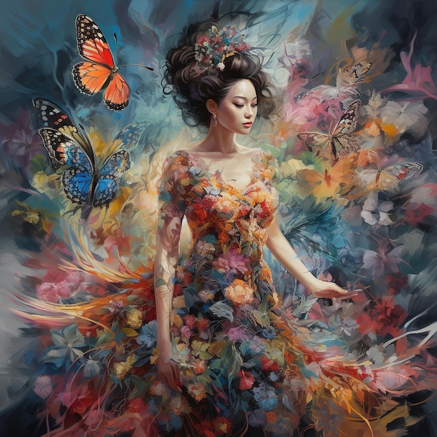 Een vrouw in een jurk met vlinders erop