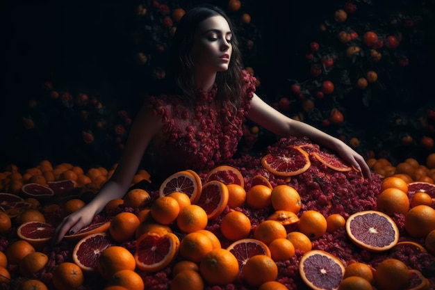 Een vrouw in een jurk omringd door sinaasappels en ander fruit