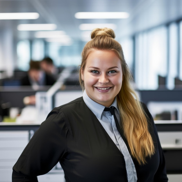 Foto een vrouw in een kantoor die poseert voor de camera