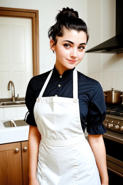 Een vrouw in een keuken die een schort draagt met de tekst 'ik hou van jou'