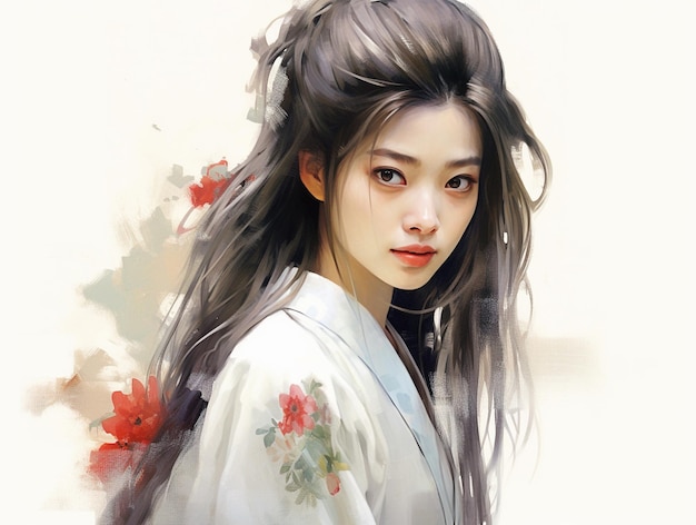 Een vrouw in een kimono met bloemen op de voorkant