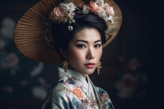 Een vrouw in een kimono met bloemen op haar hoofd staat in een donkere kamer.