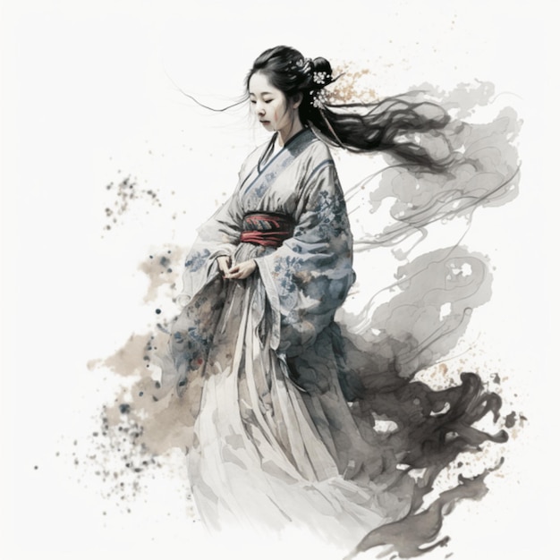 Een vrouw in een kimono met het woord han erop