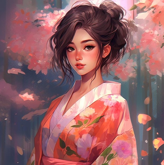 Een vrouw in een kimono met roze bloemen op de achtergrond