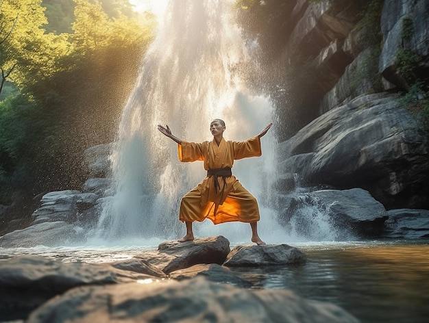 Een vrouw in een kimono staat voor een waterval met op de voorkant de woorden 'karate'.