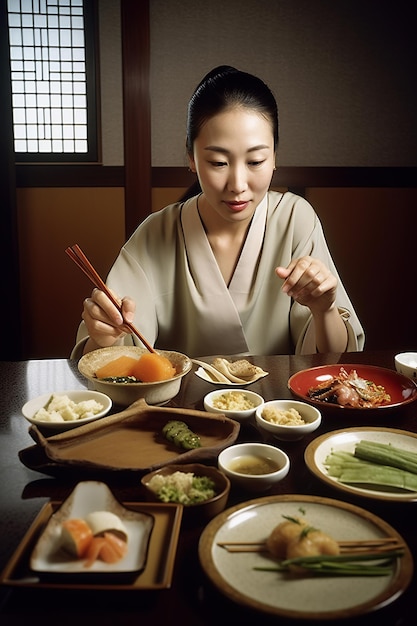 Een vrouw in een kimono zit aan een tafel met veel gerechten, waaronder zalm, komkommer en andere groenten.