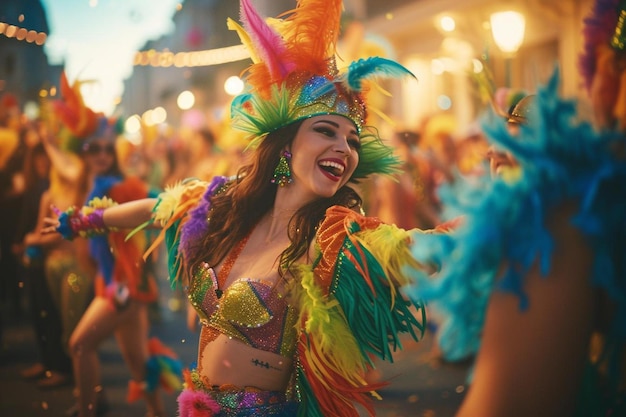 een vrouw in een kleurrijk kostuum die in de straat danst