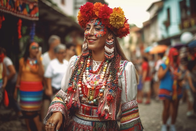 Een vrouw in een kleurrijk kostuum loopt door een Colombiaans straatfestival