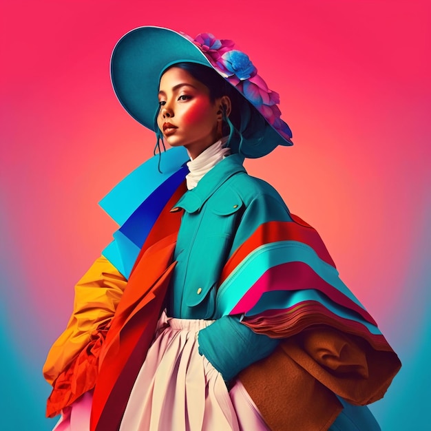 Een vrouw in een kleurrijke jas en hoed poseert voor een foto.