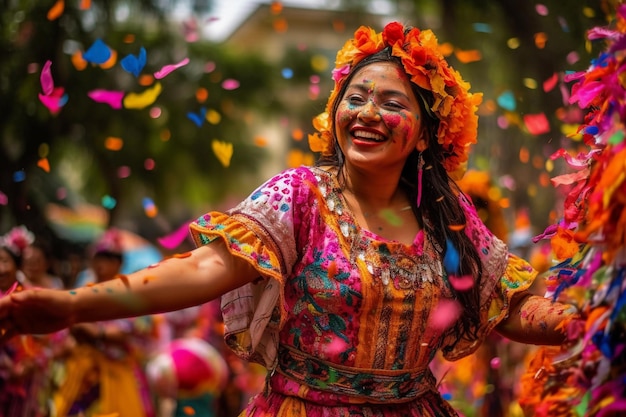 Een vrouw in een kleurrijke jurk danst met bloemen en confetti in het Colombiaanse feest