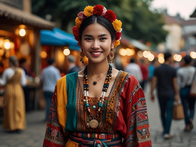 Foto een vrouw in een kleurrijke jurk met bloemen op haar hoofd