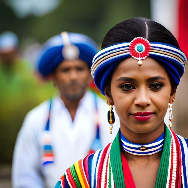 Een vrouw in een kleurrijke outfit met een witte en rode ring om haar hoofd