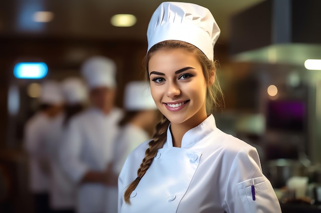 Een vrouw in een koksuniform staat in een keuken.