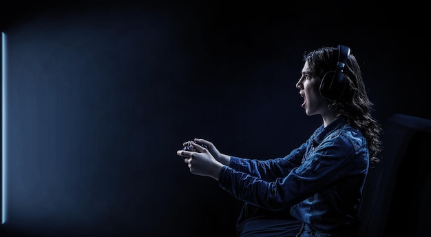 Een vrouw in een koptelefoon met een controller in haar handen speelt spelletjes. Gemengde media