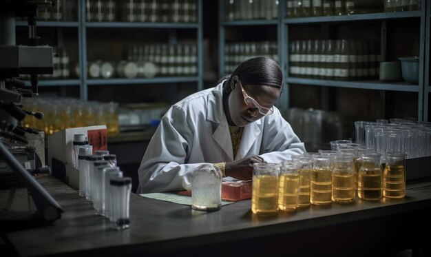 Een vrouw in een lab met een masker op zit aan een toonbank met een stel glazen gevuld met vloeistof.