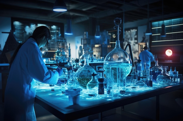 Een vrouw in een labjas voert ijverig experimenten uit in een goed uitgerust laboratorium Wetenschappelijk onderzoek in een lab gegenereerd door AI