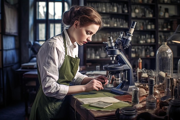Een vrouw in een laboratorium met een microscoop