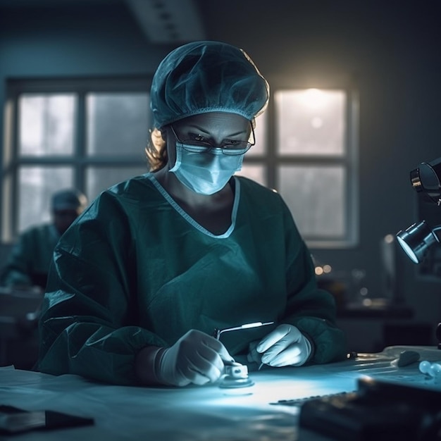 Een vrouw in een laboratoriumjas en hoed werkt aan een microscoop.