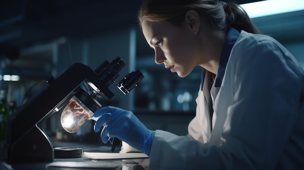 Een vrouw in een laboratoriumjas kijkt naar een microscoop.