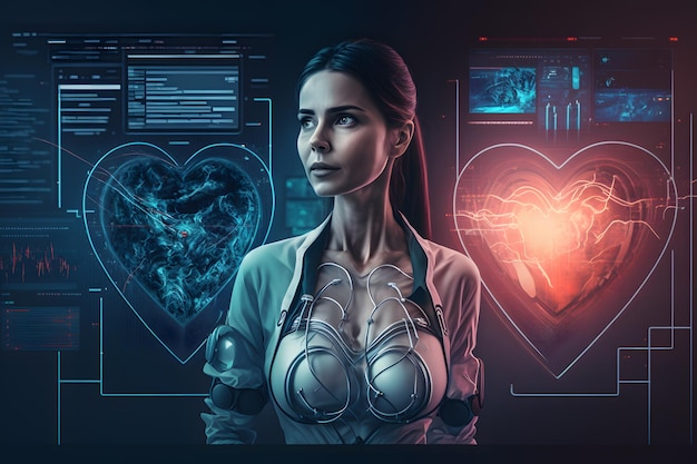Een vrouw in een laboratoriumjas met een hart aan de linkerkant.